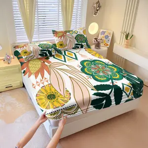 Bohemian Tropical Floral Fitted Sheet Set,Includes 1 Fitted Sheet & 2 Pillowcases,Vibrant Floral Geometric Print Bed Sheet Set,Deep Pocket Design Soft Breathable Bedding for Bedroom Dorm Guest Room,Ideal Gift for Plant & Boho Style Enthusiasts