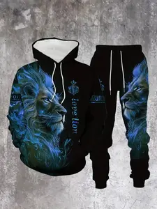 Men's Lion Print Hoodie Set, Sporty Style, Long Sleeve, Regular Length, Fall & Winter, Fitted Design, Comfortable Fabric, Streetwear Tracksuit Set