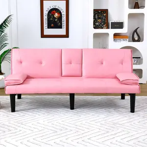 Futon Sofa Couch Bed, Faux Leather PU Folding Sleeper Sofa Bed Love Seat for 2 People, Mini Couch Sofa, Twin Futon Loveseat with Cup Holders for Bedroom，Pink