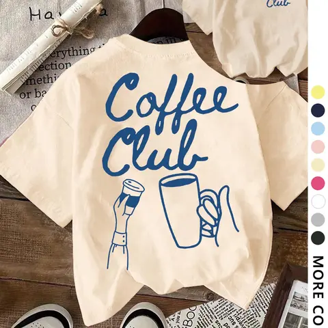 Women's Coffee Cup & Letter Print Round Neck Tee, Casual Short Sleeve Crew Neck T-shirt for Daily Wear, Ladies Clothes for All Seasons, Top