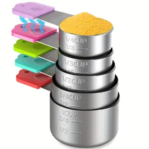 Silicone Magnetic Touch Measuring Cup & Spoon Set – Multiple Colored Silicone Handles, Stackable Stainless Steel Magnetic Cups |   Precision Cooking/Baking, Dishwasher Safe