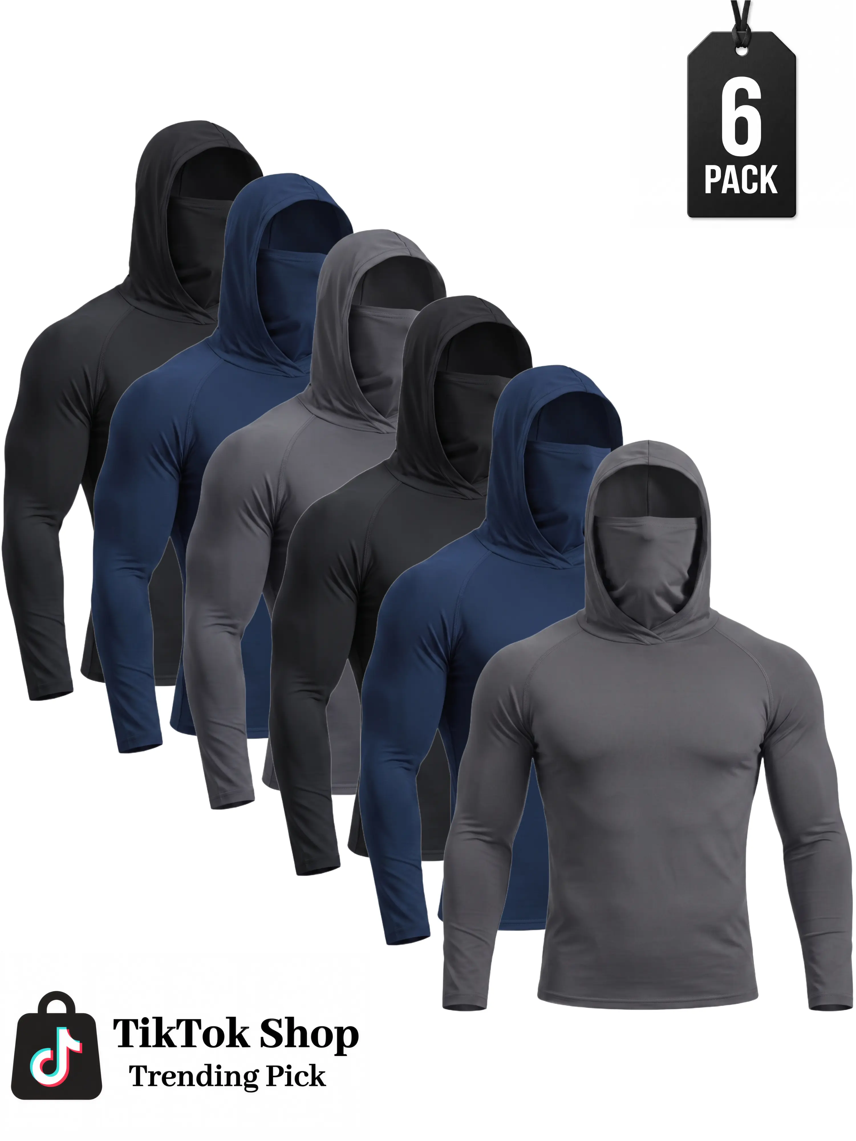 Men's 6-Pack Sun Protection Hoodies - Compression Fabric, Built-in Face Mask, Neck Guard, Breathable Long-Sleeve Outdoor Work Bike Activewear Tops