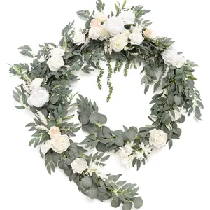 9FT Spring Flower Garland for Backdrop Decorations - Wedding Arch , Eucalyptus & Rose, Artificial Floral Garland for Mantel - Sweetheart Table Decor for Reception, White & Sage
