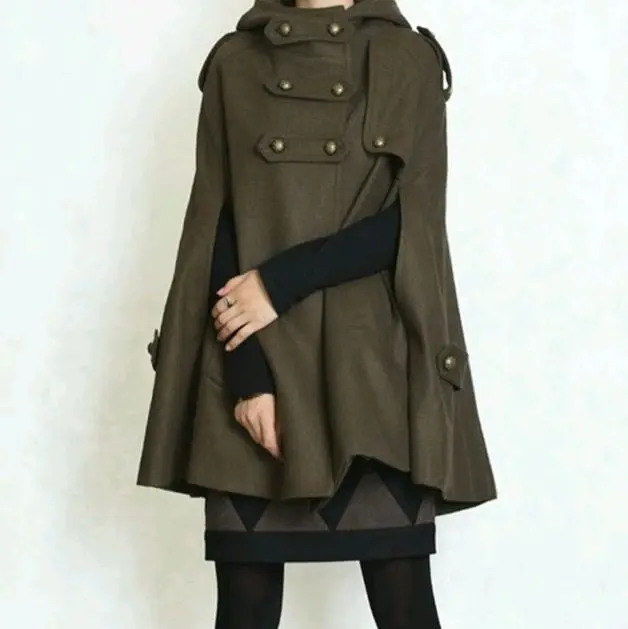 Sz XS Frankie & More Olive Military-Style Hooded Wool Cape
