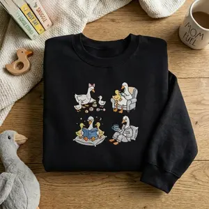 [MADE IN US] Embroidered Tired Mom Goose Sweatshirt, Bedtime Stories Bird Hoodie, Motherhood Reality Gift, Exhausted Mama Duck Pullover