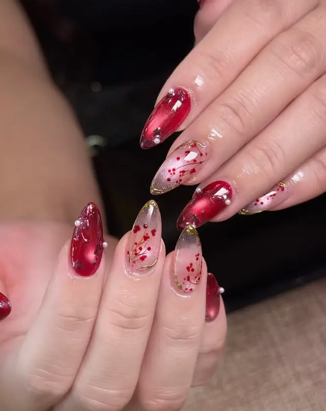Red Jelly Floral Press On Nails Medium Almond Fake Nails Metallic Burgundy Gold Pearl 3D Botanical Coquette Reusable False Nails Women Party Stick On Nails Handmade Custom Acrylic Nail Art TikTok Viral Beauty Trendy Elegant DIY Manicure Gift Set