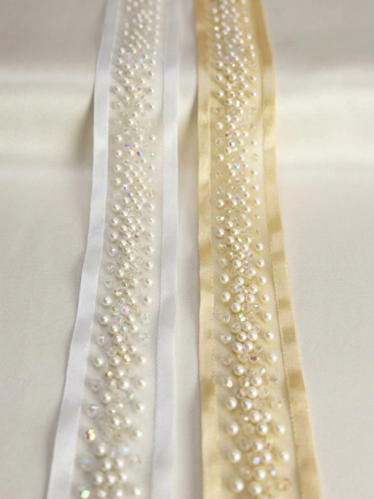Pearl Beaded Trim – Ivory or Champagne Bridal Trim – Rhinestone Pearl Ribbon Trim – Self Adhesive or Sew On – Made in USA