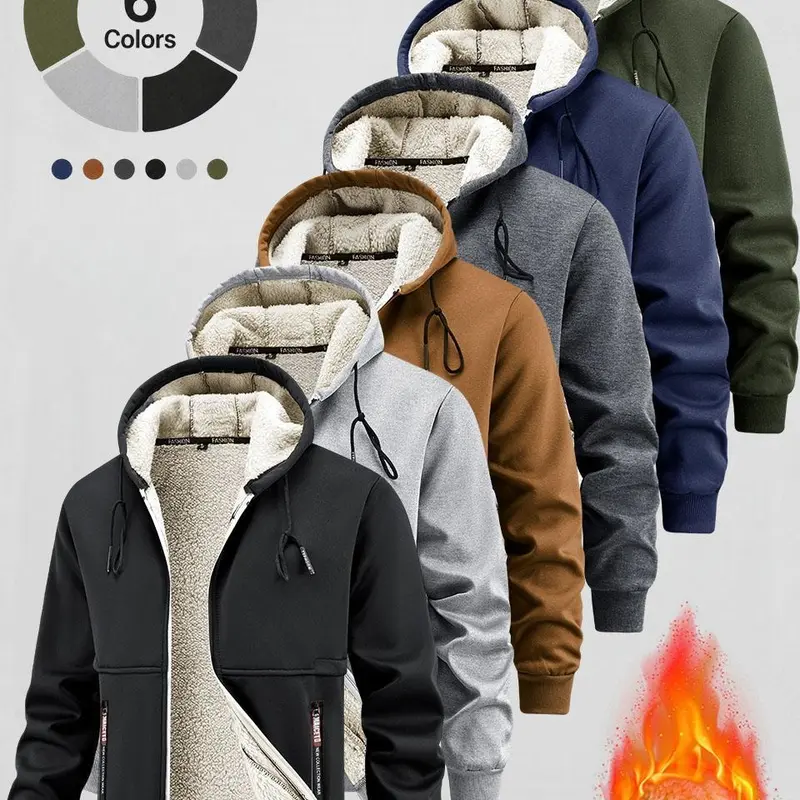 Men's Sherpa-Lined Zip-Up Warm Hood Jacket - Mensfashion Casual Fashionable Jacket, Long Sleeve, Cold-Proof Thick Cozy Fleece Polyester, 6-Color Drawstring, Plain Loose-Fitting Winter Outerwear, Outdoor Use, Black/Caramel, Do Not Dry Clean