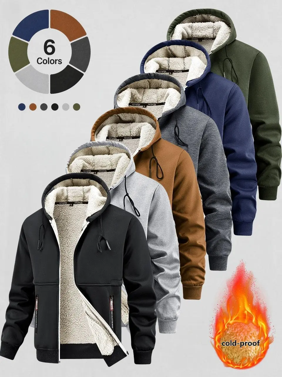 Men's Stylish Sherpa-Lined Zip-Up Hooded Coat - Menswear, Cold-Proof Thick Fleece, 6-Color Drawstring Hood, Casual Winter Snow Outdoor Outerwear, Coats