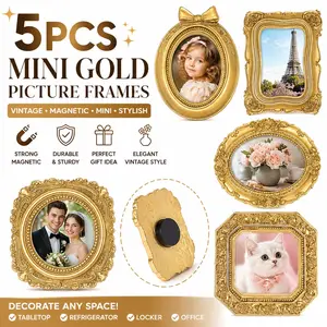 5Pcs Mini Gold Picture Frames – Vintage Small Magnetic Photo Frames for Tabletop & Refrigerator Decor (Golden)