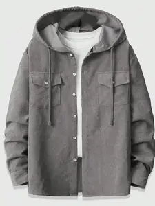 Men's Multi-Color Corduroy Hooded Shirt, Fall & Winter Classic Style, Plain Casual Top, Thick Fabric, Fitted Design