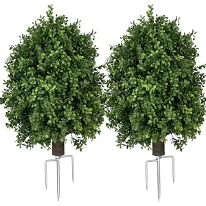 UV Resistant Artificial Boxwood Shrubs 2-Pack, 27-Inch Faux Outdoor Topiary Plants – 14-Inch Diameter, 6-Inch Ground Stake, Low Maintenance Decorative Greenery for Porch, Garden, Flower Box