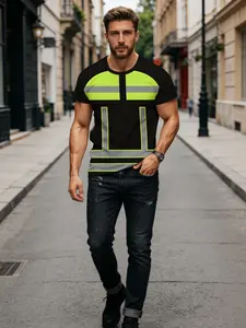 Men's High Visibility Reflective T-Shirt, Long Sleeve Loose Fit Casual Top, All over Print Workwear Shirt Without Zipper