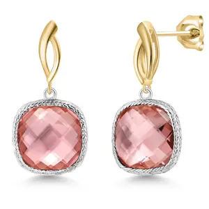 Gem Stone King 925 Silver and 10K Yellow Gold Peach Nano Morganite Dangle Earrings for Women | 15.04 Cttw | Gemstone October Birthstone | Cushion 12MM