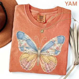 Comfort Colors Faux Patchwork Butterfly Shirt Spring Wildflower Aesthetic Graphic Tee Adult And Youth Matching Boho Vintage Shirts for Women