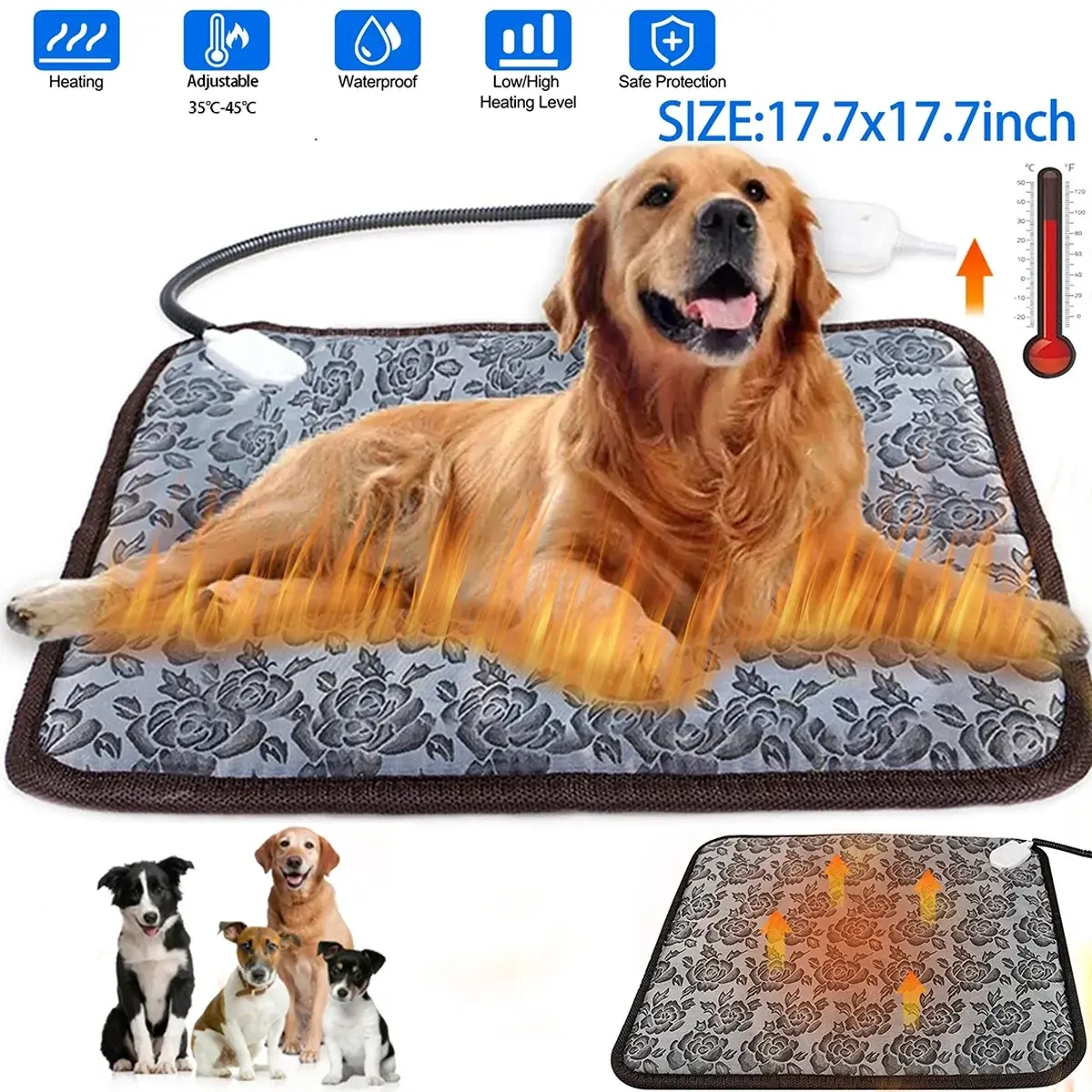 Hinzonek Pet Heating Pad, Heated Cat Dog Bed Mat, Electric Warming Pad Heating Blanket for Cats Dogs Puppies Indoor 17.7Inch, with Anti- Steel Cord, Dual Temperature Dual Control OhhGo