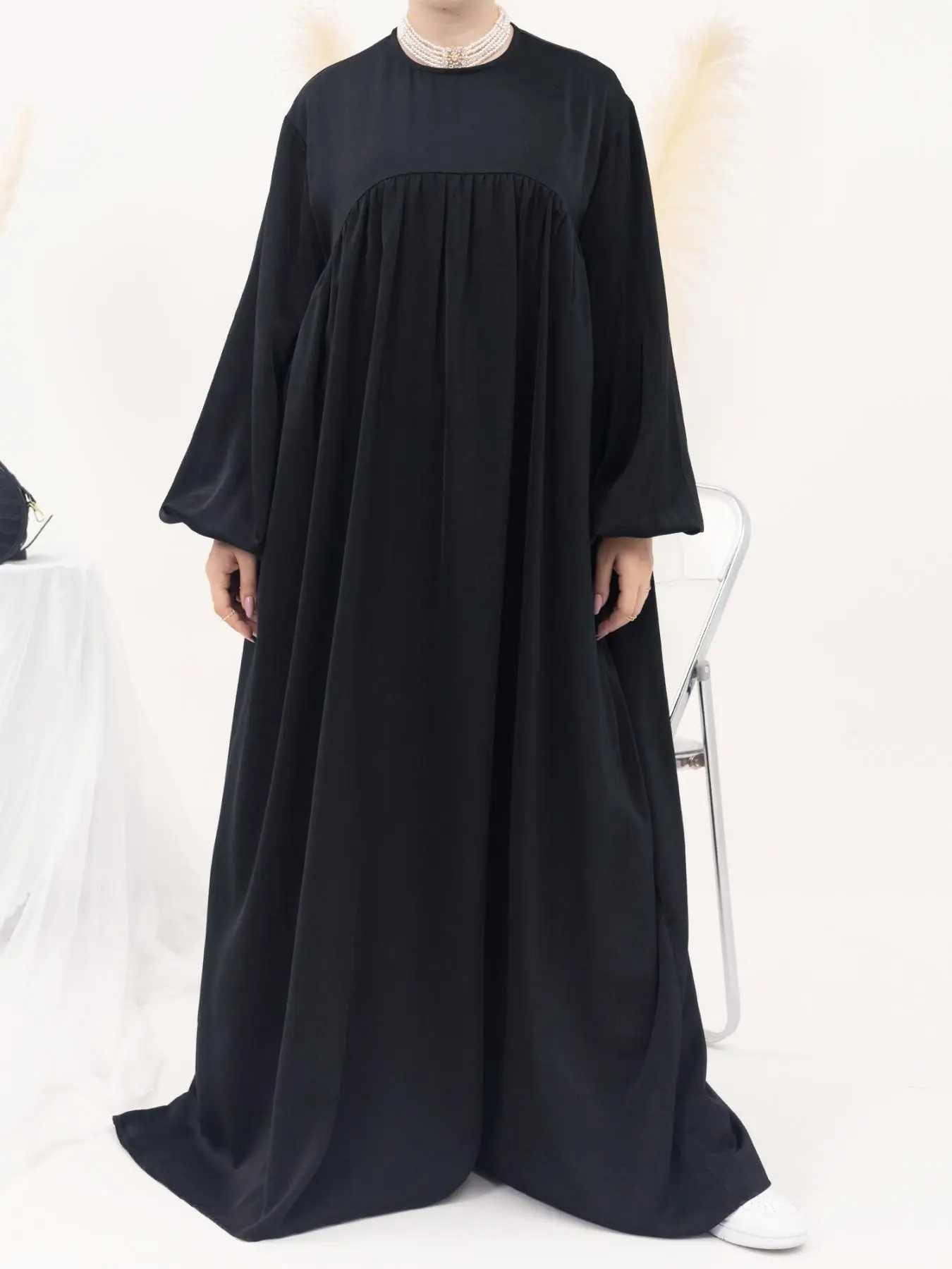 Women's Plain Round Neck Long Sleeve Abaya, Elegant Bishop Sleeve Long Satin Dress for Women, Ladies Clothes for Spring & Fall