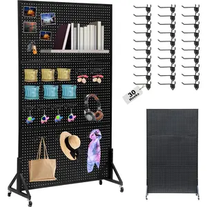 Metal Pegboard Display Stand 3.5 x 6  with 30 Hooks, Standing Pegboard Display with Wheels, Peg board Display Rack, Large Pegboard Panels - Black