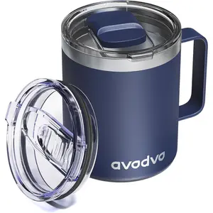 12oz Insulated Coffee Mug with Lid Includes Two Lids Stainless Steel Travel Mug with Handle Double Wall Vacuum Insulated Camping Mug for Home Office Outdoor Navy Blue