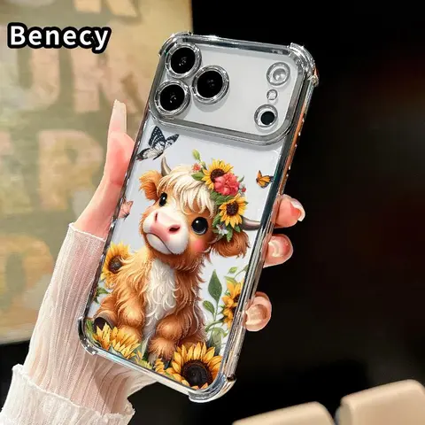 Compatible with iPhone 17 Pro Max 16 15 Plus Air 14 13 12 11 E Case Flower - Crowned Cow Dream Pattern Clear Protective Four Corners Air Cushion Anti-drop Shockproof Protection Cellphone Casing