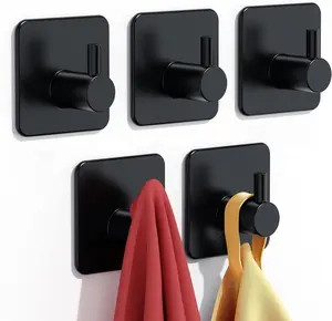 Adhesive Hooks Heavy Duty 22lb(Max) Wall Hooks, 5 Pack Self Adhesive Damage Free Utility Hooks Stainless Steel for Towel Coat Robe, Waterproof Oilproof Rustproof for Bathroom Shower Kitchen Office