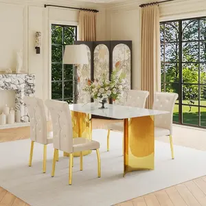 63" Faux Marble Dining Table Set for 4-6 | Tempered Glass Top, PU Leather Chairs & Metal Legs