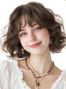 Short Wavy Light Wig with Bangs, Short Light Bob Wigs for Women, Curly Wavy Textured French Bob Wig, Soft Synthetic Material Wigs, 12 Inch