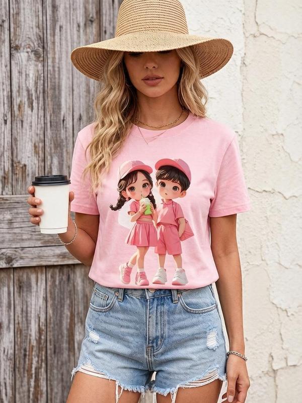 Women's Pure Cotton Fitted 2-Piece Casual Set - Soft Breathable Pink Crew Neck Short-Sleeve Aesthetic Bubble Tea Cartoon Print Top, Matching Cap Skirt, Comfortable T-Shirt Fabric