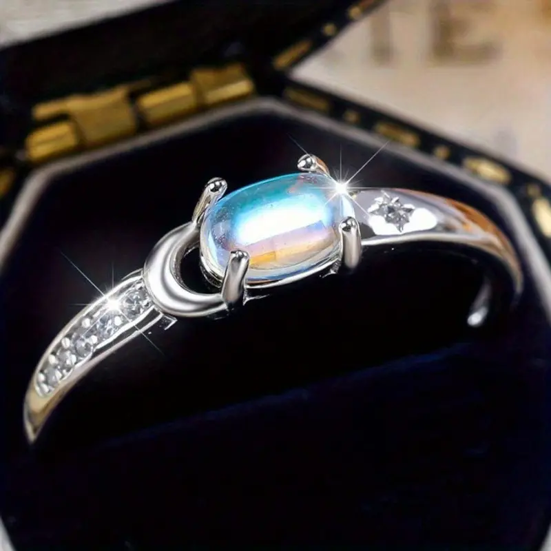 Moonstone Star and Moon Couple Rings, suitable for engagement parties, 1.6g jewelry, a gift for elders, Ramadan gift