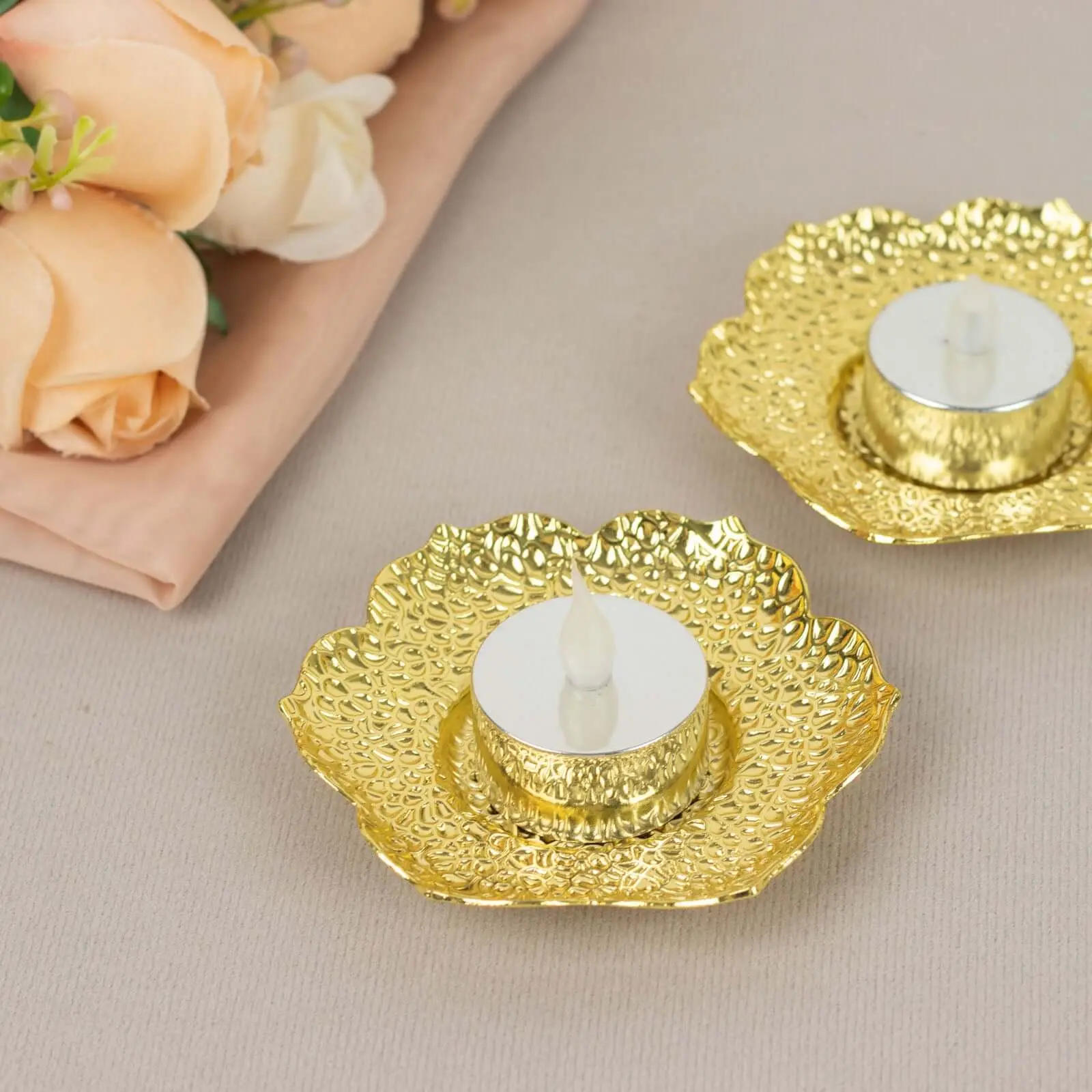 3-Pack Shiny Gold Metal Votive Candle Holders with Plum Blossom Design - 4" Vintage Mini Tea Cup Saucers, House Room Decor Countertop Accessories for Anniversary Wedding