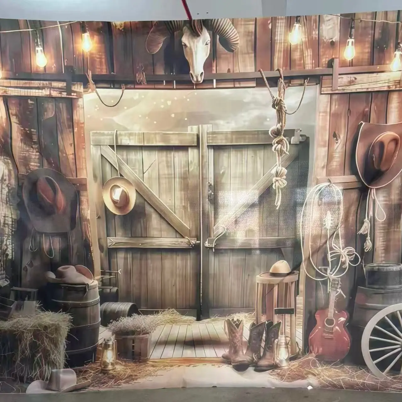 Western Cowboy Theme Party Backdrop Decoration, Banners, Fabric Banner, Polyester Material, Barn, Stable, Hat, Guitar Decor, Home Decor, Birthday, Anniversary, Photography Background, Happy Birthday Backdrop, Event Props