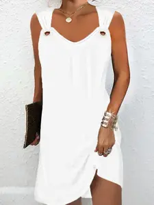 Metal Ring Buckle V Neck Sleeveless Plus Size Women Dress, Casual Loose Ruched Short Skirt, Vacation Date Daily Versatile Summer, Womenswear