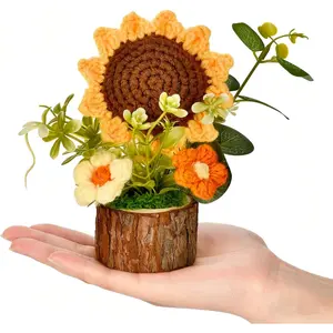 Cute Crochet Flowers Bouquet, Handmade Knitted Sunflowers with Wooden Pot, Crocheted Flower Plants Gifts for Women Office Desk Decor, Valentine's Day Christmas Birthday Mother’s Day