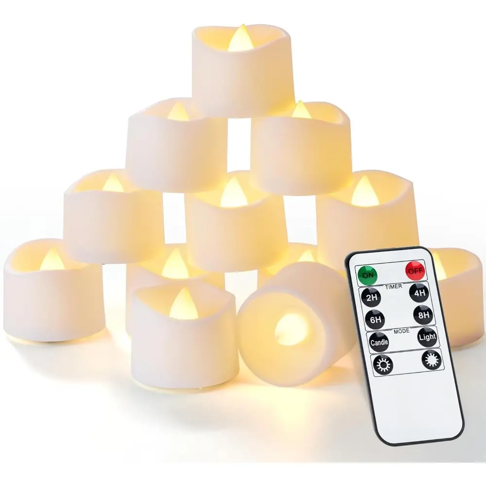 12pcs Flameless LED Tea Candle Lights with Timer, 620mAh Batteries, Flicker Effect & Remote Control - 1.5" x 1.3" Indoor Votives for Kitchen Tabletop Lighting, Valentine's Day Decor