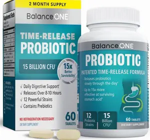 Balance ONE Time Release Probiotic – 15 Billion CFU – 12 Strains Including L. Plantarum – 15x More Survival Than Capsules – Bloating & Gas Relief – Gut & Digestive Health for Women & Men – 60 Tablets
