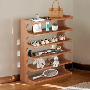 6-Layer Bamboo Frame Wooden Shoe Rack, Modern Multi-Layer Space Saver, Multi-Function Storage Organizer, Indoor Furniture Display Shelf for Living Room