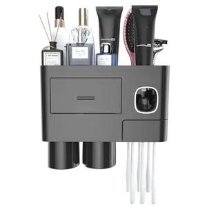 Toothbrush Holders for Bathrooms, Wall Mounted with Toothpaste Dispenser Large Capacity Bathroom Organizer & Bathroom Accessories Set Magnetic Water Proof