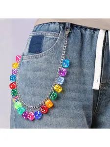 European American Hip Hop Style Colorful Dice Waist Chain, Fashion Versatile Single Layer Metal Pant Chain, Colorful Dice Pendant Jean Chain for Men Women