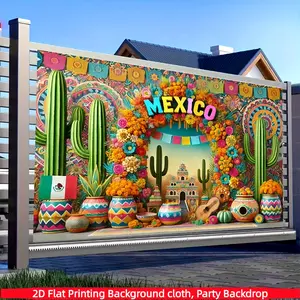 1PC,Vibrant Mexican festival party background, polyester material, cactus, flowers, Mexican decoration, suitable for room, terrace, studio, home and garden celebration events, photography background cloth, outdoor activity decoration