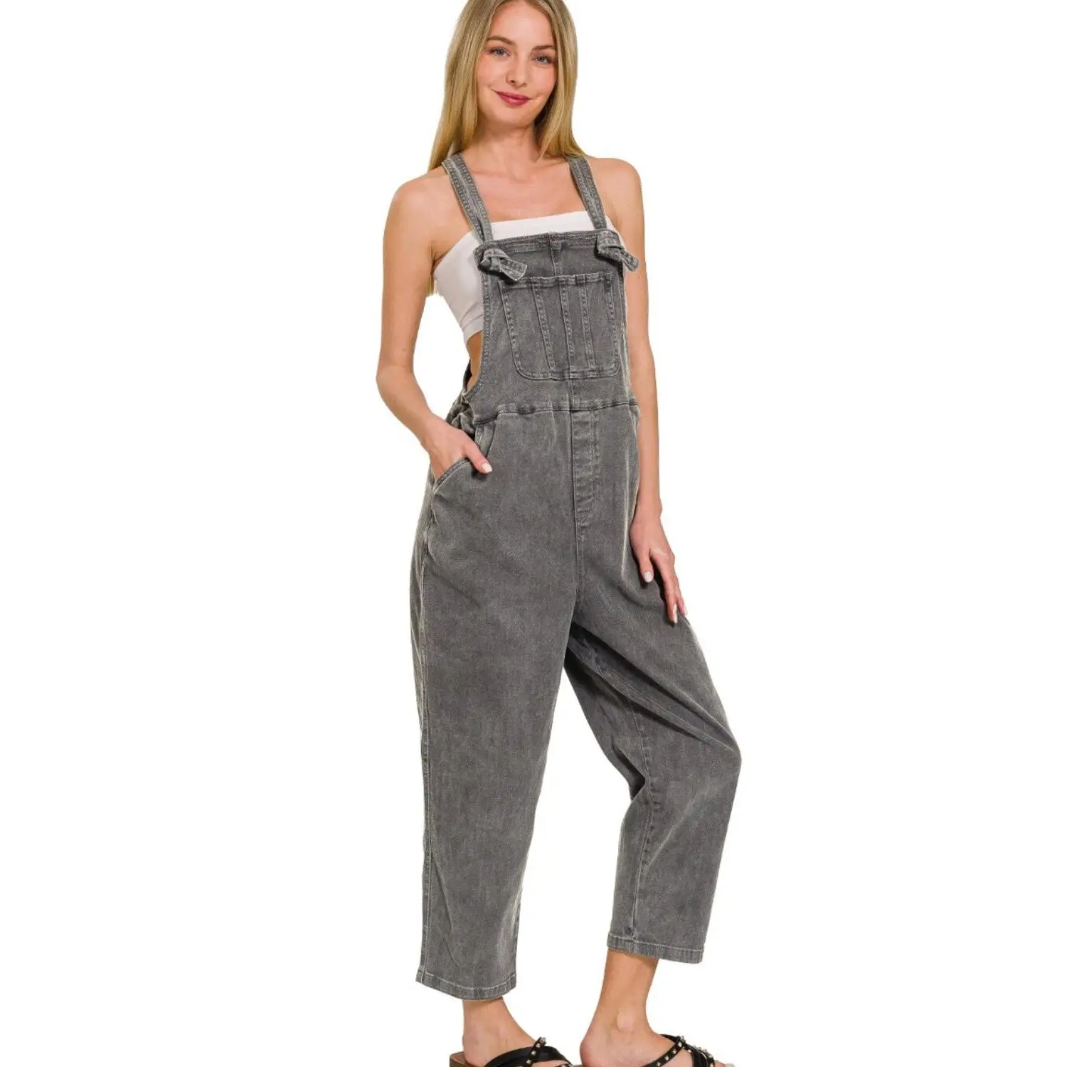 Zenana Washed Knot Strap Relaxed Fit Overalls