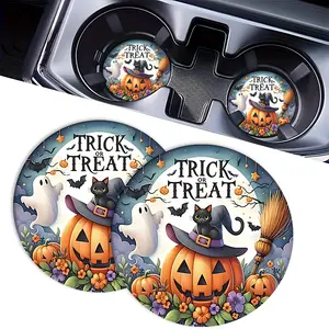 2pc Trick or Treat Halloween Car Cup Holder Coasters, Cute Ghost Pumpkin Witch Cat Car Coasters, Absorbent Rubber Anti-Slip Auto Cup Mat, Trendy Holiday Car Decor Gift