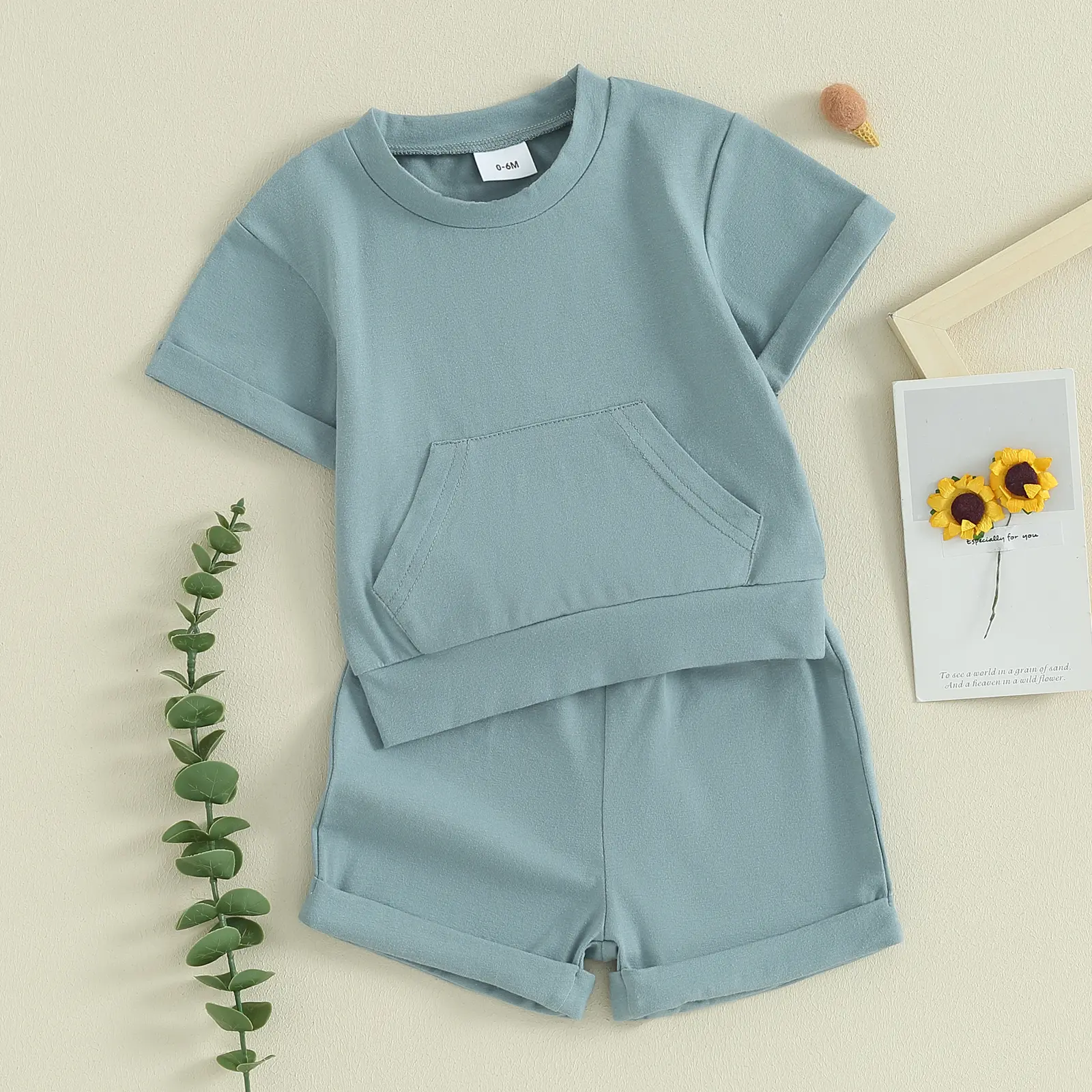 Toddler Boys 2 Piece Outfits Solid Color Short Sleeve T-Shirt and Elastic Shorts Summer Clothes Set
