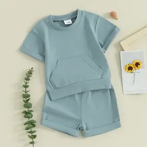 Toddler Boys 2 Piece Outfits Solid Color Short Sleeve T-Shirt and Elastic Shorts Summer Clothes Set