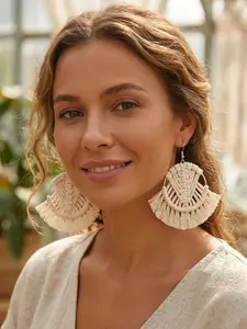 Bohemian Macrame Earrings for Women - Handmade Woven Cotton Fringe Hoop Dangle Earrings - Cream White Hippie Style Jewelry for Summer Beach Outfits & Music Festival Accessories