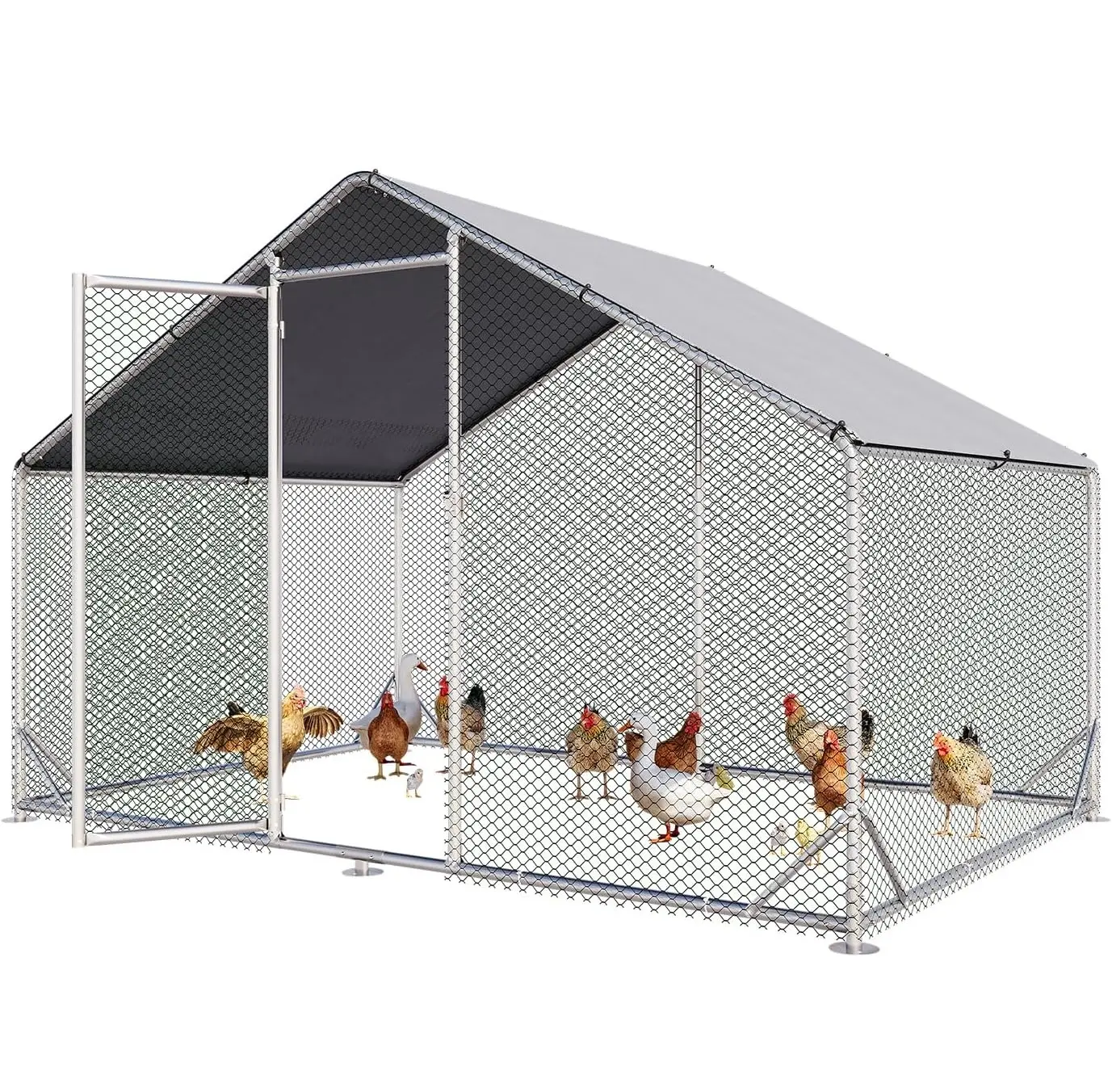 Jolydale Metal Chicken Coop, Outdoor Chicken Runs for Yard with Cover, Spire Roof Hen House Enclosure with Security Lock, Walk-in Cage Peak Hen House for Yard Farm (10x6.5x6.4 FT)