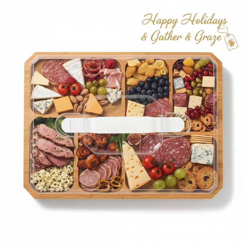 Portable Charcuterie Board with Lid, Build-A-Board Bamboo Cutting Board with Clear Locking Lid and White Handles, Travel Portable Chauratri Board For Cheese Kitchen Chopping,11x14 Inch 6 Compartment,House Warming Gifts for Women,Travel Friendly House
