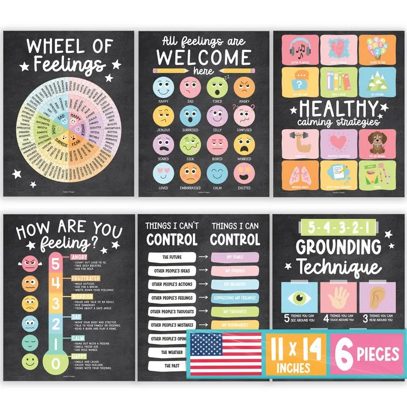 Hadley Designs 6-Piece Feelings Chart Posters - Chalk Pastels Emotion Labels Calming Tool for Classroom Calming Corner Decor, Suitable for Children Ages 4-8