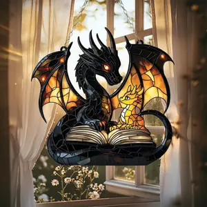 Forth Wings Dragon Acrylic Suncatcher – Faux Stained Glass Window Hanging with Parent and Baby Dragon Reading a Book, Fantasy Reader Gift