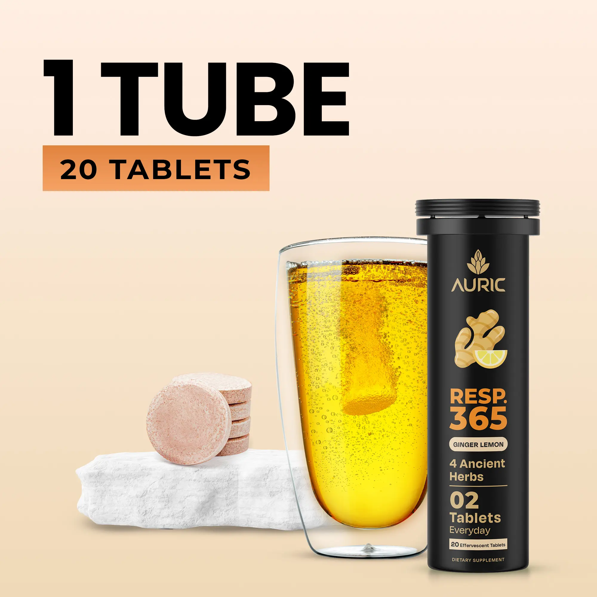 Auric Resp 365 Effervescent Tablets | with NAC, Mullein, Licorice & Long Pepper | Herbal Wellness Support Formula | Plant-Based | Ginger-Lemon Flavour