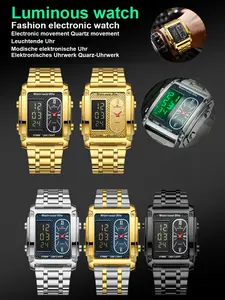 Square stylish dual-movement multifunction sports watch with a luxurious three-time-zone design, waterproof functionality, luminous dial, minimalist aesthetic, elegant and durable, suitable for sports and business wear, digital quartz watch.